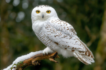 Fototapeta premium Snowy Owl Perched on Snow-Covered Branch