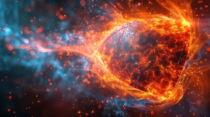 Obraz premium A fiery, cosmic scene depicting a glowing orb surrounded by vibrant energy and particles.