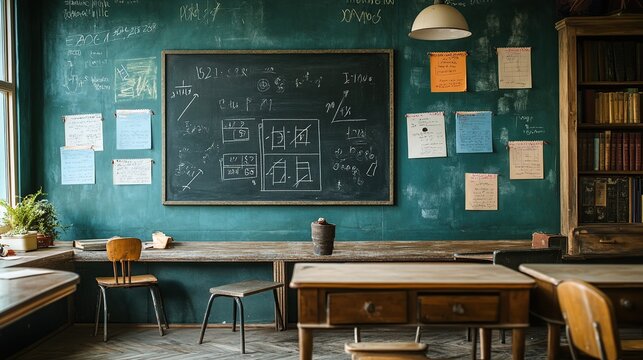 Vintage classroom with chalkboard, desks, and bookshelves.