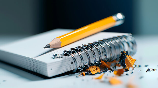 A pencil is on top of a spiral notebook with a lot of pencil shavings on the pag