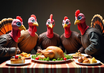 costumed turkeys comical poses gather around table laden turkey