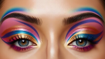 Close-up of a woman's eye. A variety of brightly colored eyeshadows in shades of pink, purple, blue and gold are applied in swirling patterns on the eyelid.