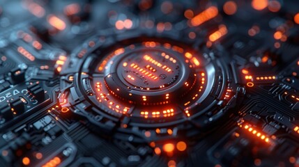 Obraz premium Abstract digital circuit board with glowing orange elements, representing technology and innovation.