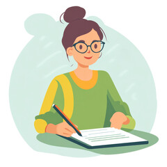 Fototapeta premium A young woman wearing glasses writes notes on a notebook, showcasing a focused expression and a creative atmosphere.