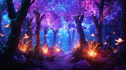 Enchanted forest filled with vibrant colors and glowing butterflies