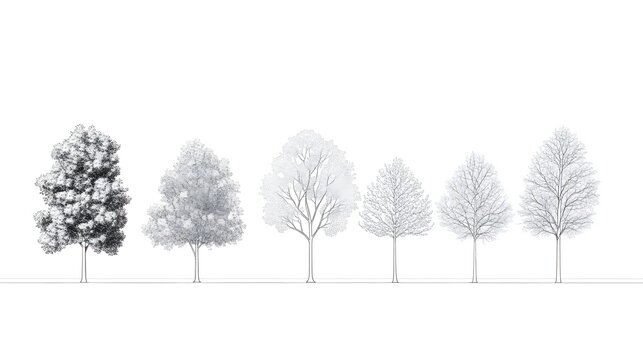 Minimal style CAD tree line drawing, side view, a set of graphic tree elements with outline symbols for architecture and landscape design