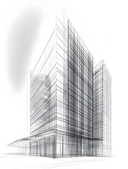 Fototapeta premium Detailed CAD line drawing of a modern skyscraper, frontal and side views, showing structural beams and glass façade outlines.