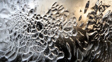 Close-up of frosted glass covered in intricate ice crystals, backlit for a shimmering effect.