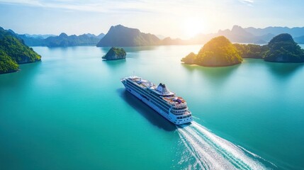 Cruise ship sailing through turquoise waters, surrounded by lush green islands at sunset.