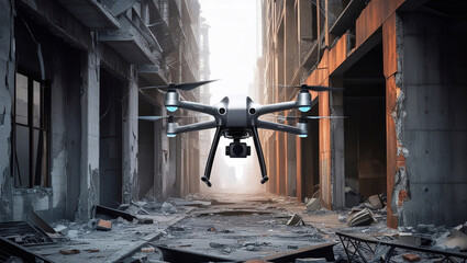 A sleek, metallic grey drone with four rotors and a prominent camera lens navigating through the ravaged landscape of a once-thriving metropolis, its steel and concrete skyscrapers now lay in shattere