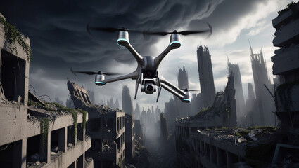 A sleek, metallic grey drone with four rotors and a prominent camera lens navigating through the ravaged landscape of a once-thriving metropolis, its steel and concrete skyscrapers now lay in shattere
