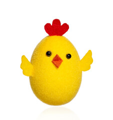 Easter toy chicken-cock isolated on white background. Yellow fluffy chicken in the shape of an egg.