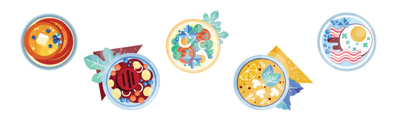 Different Food and Delicious Served Dish on Plate Vector Set