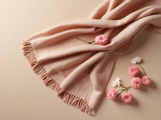 Hello spring concept. Top view photo of pink soft scarf and gypsophila flowers on isolated pastel beige background with copyspace. Space for text, copy space, banner poster header design