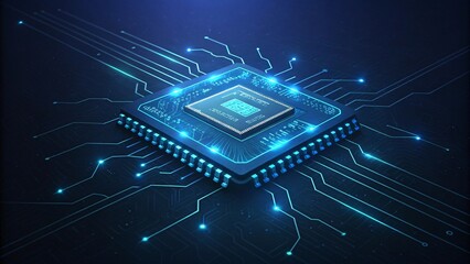 Futuristic Microchip with Glowing Connections in Digital Landscape V3