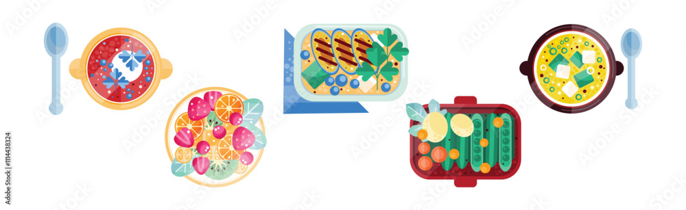 Wall mural Different Food and Delicious Served Dish on Plate Vector Set