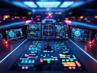 Hightech control room of an autonomous ship, showcasing modern navigation systems and AIdriven decisionmaking