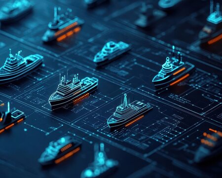 Hightech fleet of autonomous ships being managed by AI from a central command hub, symbolizing the future of maritime logistics