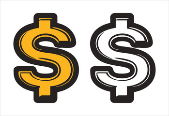 Black and White Outline Dollar Icon set vector silhouette white background.