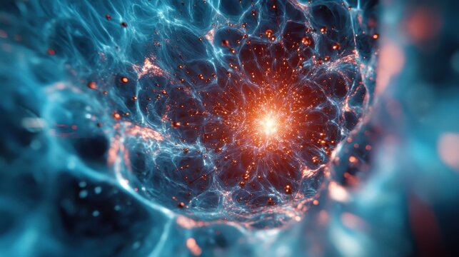 Intricate cosmic structure showcasing energy bursts in a vibrant blue and orange environment