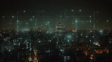 Obraz premium Night cityscape with glowing network connections.