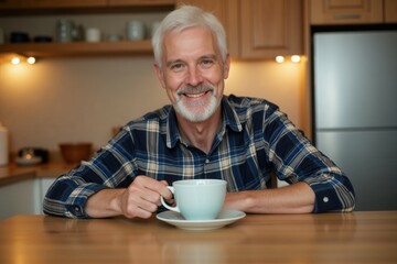 An older man with gray hair and a beard smiles while holding a cup of coffee. He is seated at a wooden table in a modern kitchen with warm lighting, creating a welcoming atmosphere during the morning.