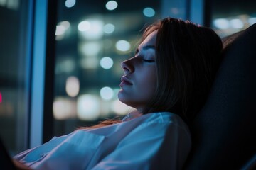 Naklejka premium A young woman reclines comfortably in a chair, eyes closed, enjoying a moment of relaxation. The backdrop features a blurred cityscape illuminated by bright lights, creating a serene nighttime atmosph