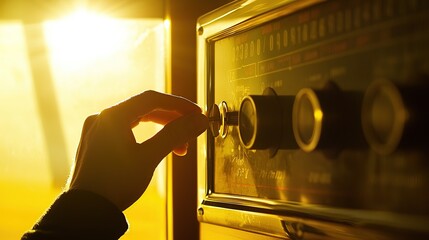 Hand turning knob on vintage radio in warm sunlight.
