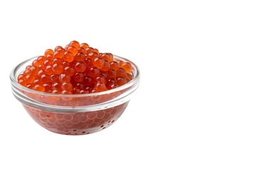 Fresh Red Salmon Caviar in Glass Bowl Placed Left side on White Background