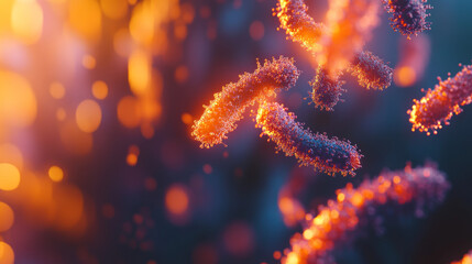 Microscopic Bacteria, Enhanced Radiation Resistance, 3D Rendering, Warm Color Palette, Cinematic Close-up