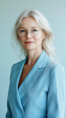 Fototapeta premium Elegant mature woman in blazer and glasses, exuding professionalism.