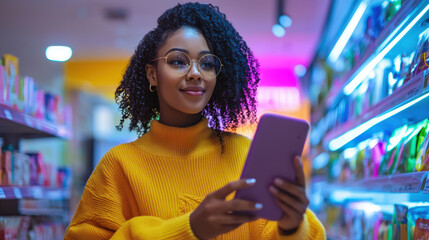 woman with curly hair using tablet in colorful store aisle
