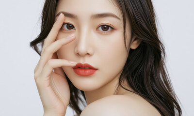 Fototapeta premium woman with natural skin and long dark hair poses gracefully, showcasing her beauty with serene expression. Her makeup is subtle, highlighting her features against soft background