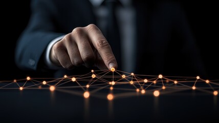 Management coordination skills concept. A businessman interacts with a glowing network, symbolizing technology and connectivity.