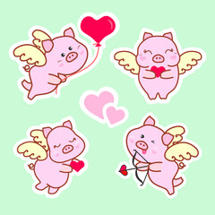 Set of pigs-cupids. Cute pigs angels with wings and hearts. Postcard, stickers for Valentines Day