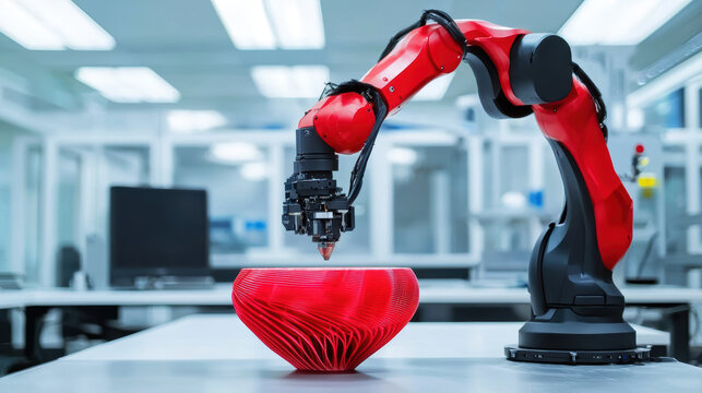 sleek robotic arm creating red 3D printed bowl in modern lab