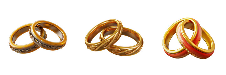 Naklejka premium A pair of intertwined gold wedding rings with engraved details 3D illustration isolated on white and transparent background