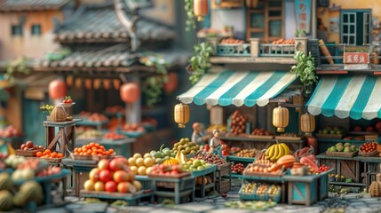 A vibrant market scene with fruit stalls and a lively atmosphere.