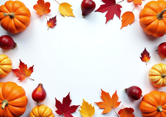 pumpkins fruits dry leaves form autumnal border white background thanksgiving fall decorations harvest festivals