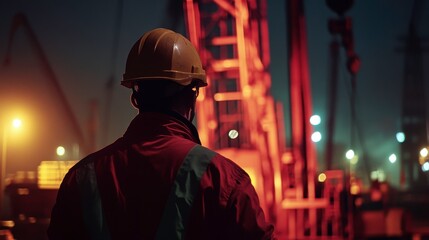 Worker Overseeing Industrial Site at Night