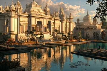 Fototapeta premium Intricate palace architecture stands by a tranquil lake at sunset