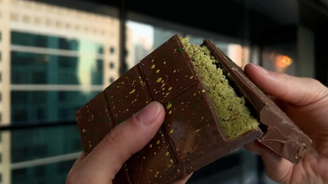 Female hands breaking bar of Dubai chocolate with green kataifi and pistachio paste, cream. Trend dessert 