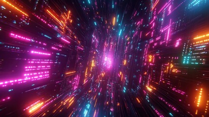Fototapeta premium Neon cyber tunnel with vibrant lights and futuristic digital patterns.