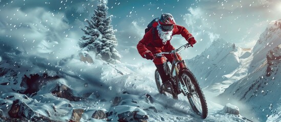 Santa Claus Mountain Biking in a Snowy Landscape