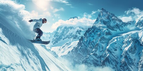 Snowboarder Flying Down a Mountain in a Snowy Landscape