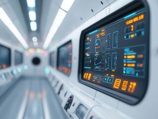 Hyperloop system control panel with touchscreens and holographic displays, representing hightech transport management