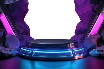 Futuristic glowing cyberpunk sci-fi product podium showcase with a transparent mockup space, png cutout. Concept of cosmos space technology, digital metaverse, entertainment.   