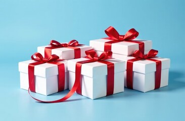 white gift boxes with red satin ribbon on blue background