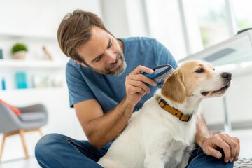 Naklejka na ściany i meble Caucasian male adult grooming pet dog at home.
