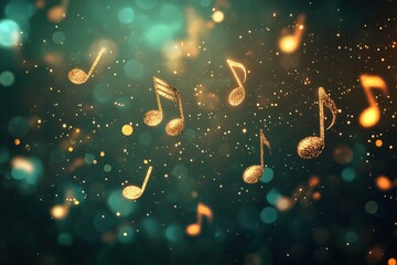 Golden  musical notes and symbols flying on green background